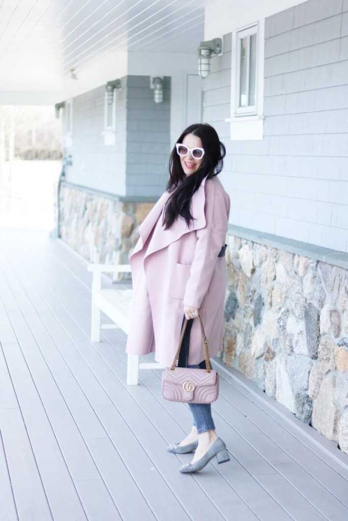 Pink Oversized Coat with Jeans and Grey Pumps — Winter to Spring Transition Outfits