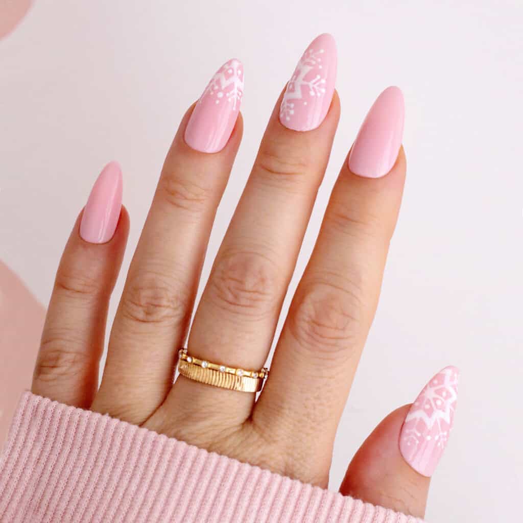 Pale Pink Snowflake Decal Almond Nails Pale Pink Snowflake Decal Almond Nails — Winter Nail Designs