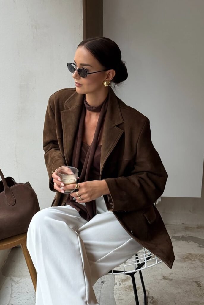 Casual Chic: Chocolate Brown Suede Blazer with White Trousers Casual Chic: Chocolate Brown Suede Blazer with White Trousers — Chocolate Brown Outfits