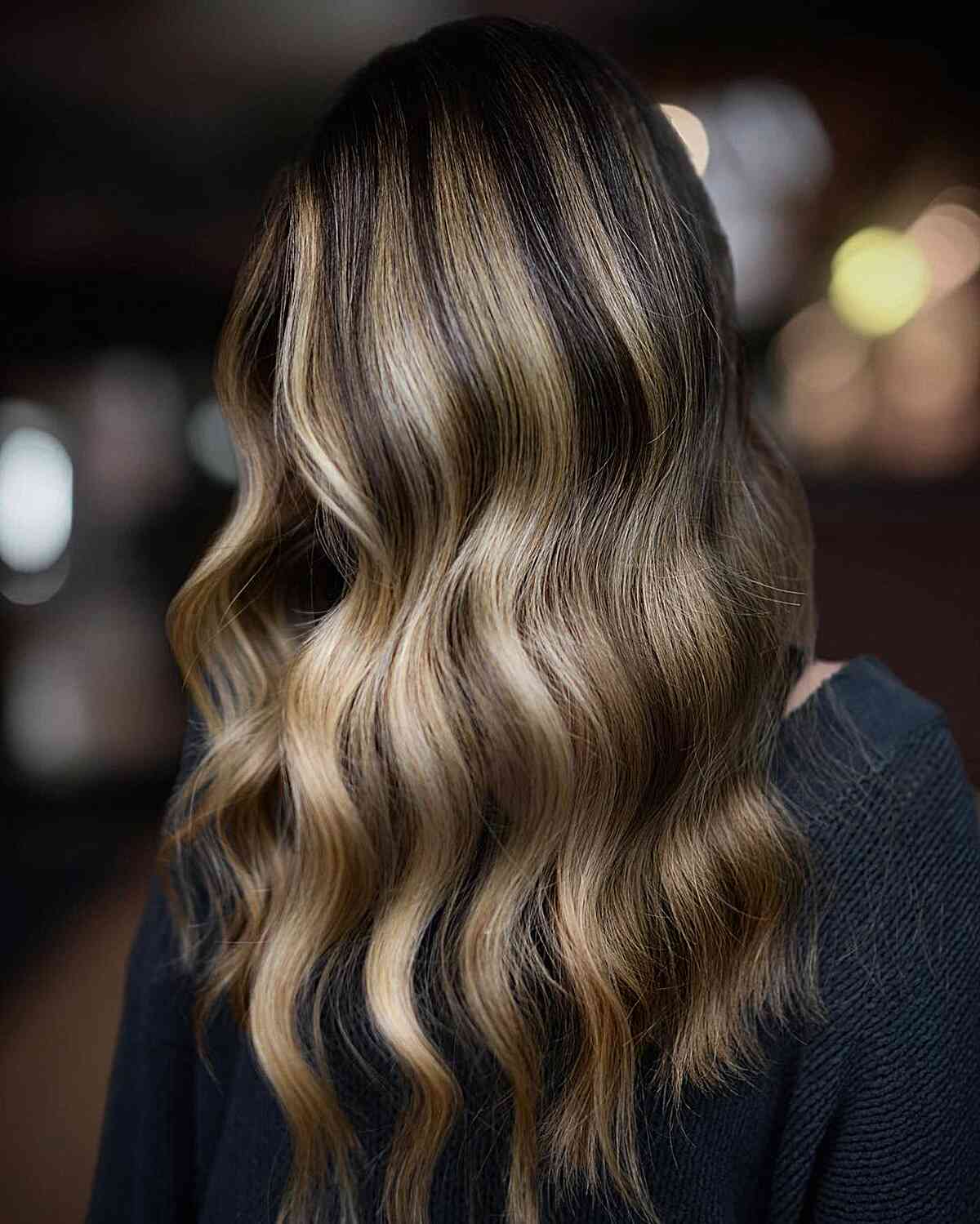 Back View Close Crop Mid-Back Dark Brown With Blonde Balayage Back View Close Crop Mid-Back Dark Brown With Blonde Balayage — Blonde to Brunette Hair