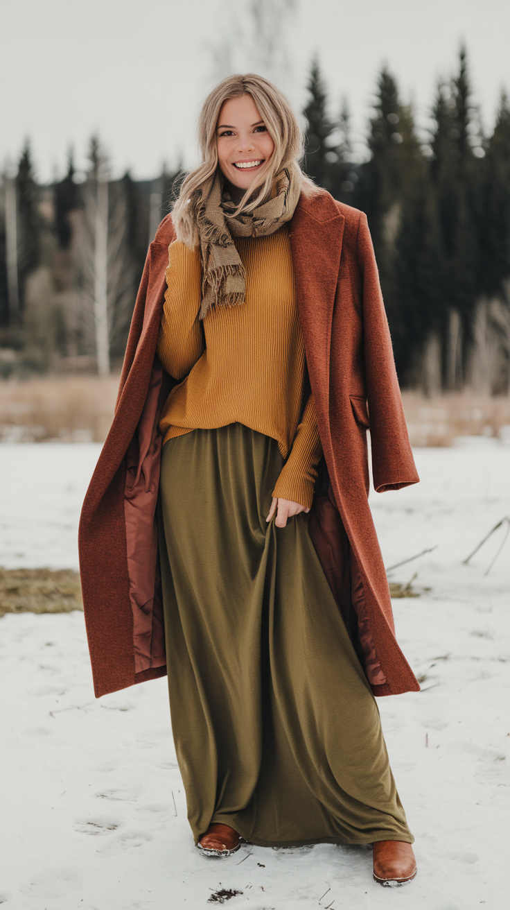 Rust Wool Coat over Mustard Sweater and Olive Maxi Skirt — Boho Winter Outfits