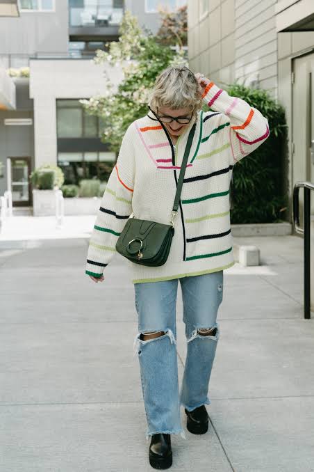 Multi-Colored Striped Oversized Sweater with Ripped Jeans and Platform Shoes — Oversized Sweater Outfits