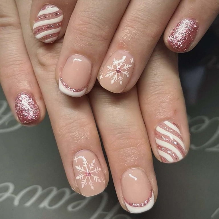 Glossy With Glitter Nude with Snowflakes, Glitter, and Stripes Glossy With Glitter Nude with Snowflakes, Glitter, and Stripes — Short Winter Gel Nails
