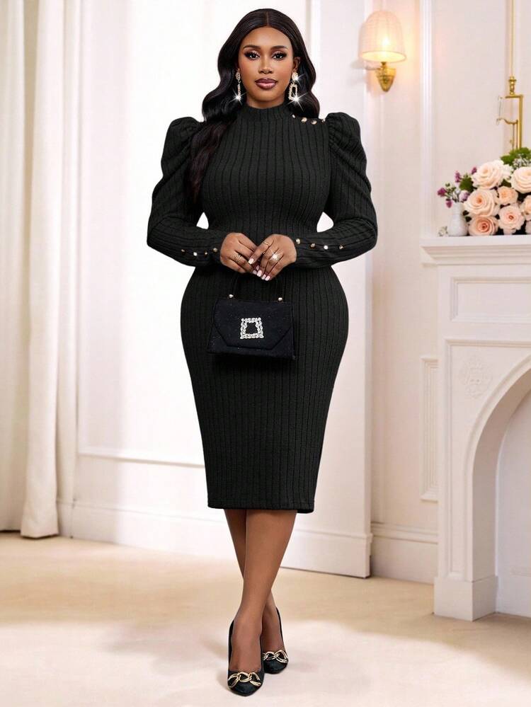 Black Puff Sleeve Knit Dress with Gold Accents for Dinner Sophistication — Winter Dinner Outfits