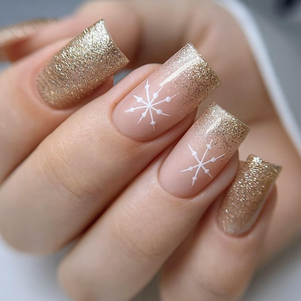 Winter Nude Gold Glitter Gradient Snowflake Medium Square Nails Winter Nude Gold Glitter Gradient Snowflake Medium Square Nails — Winter Square Nails