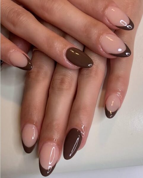 Both Hands Nude Base with Dark Brown French Tips — Mocha Nails
