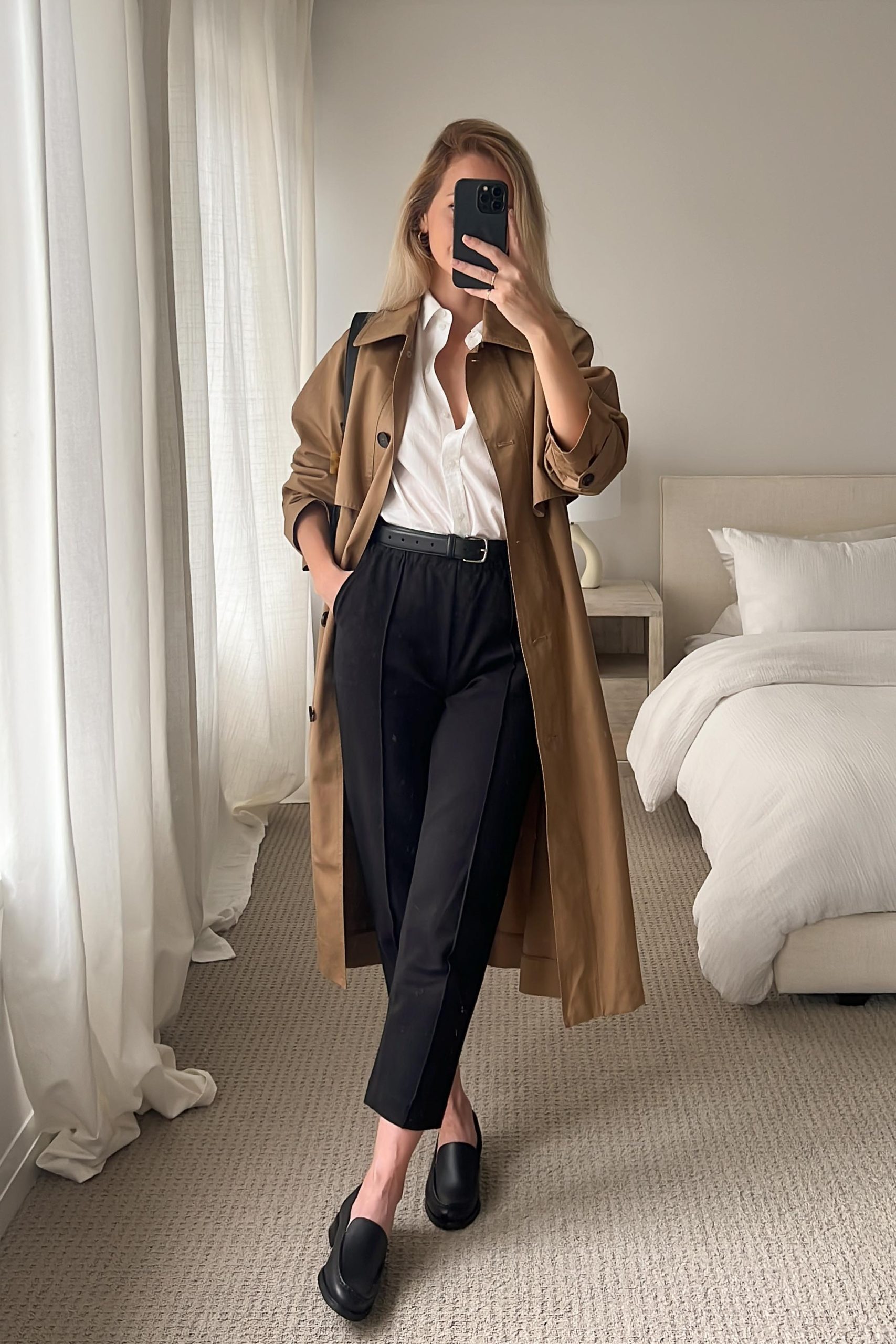 Camel Trench Coat with Black Pants for Chic Professional Fall Wear Fall to Winter Outfits