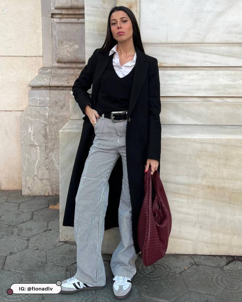 Black Coat with Striped Trousers and Red Bag — Black Coat Outfits