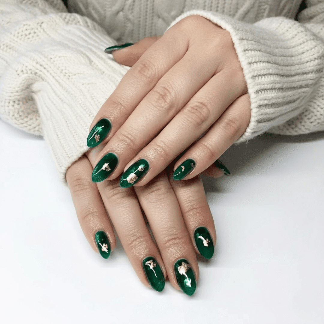 Emerald Green Gold Foil Almond Nails Emerald Green Gold Foil Almond Nails — Winter Nail Colors for Women Over 40