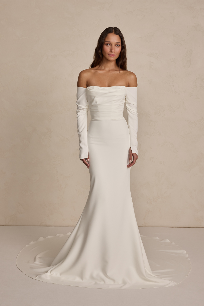 Ivory Off-the-Shoulder Gown with Draped Bodice and Long Sleeves Ivory Off-the-Shoulder Gown with Draped Bodice and Long Sleeves — Winter Formal Dresses