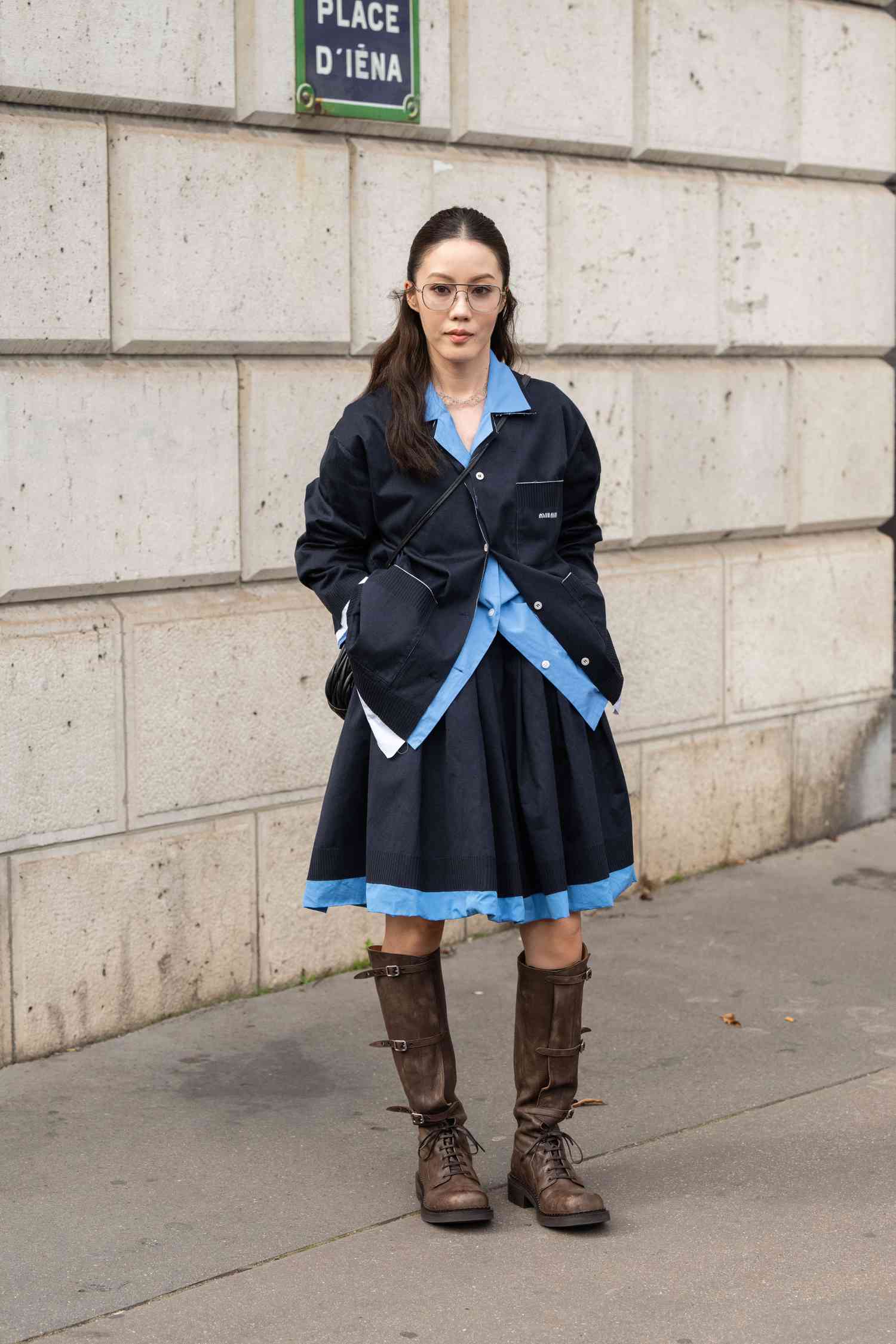 Layered Navy Jacket and Pleated Skirt with Brown Leather Slouchy Boots Layered Navy Jacket and Pleated Skirt with Brown Leather Slouchy Boots — Slouchy Boots Outfits