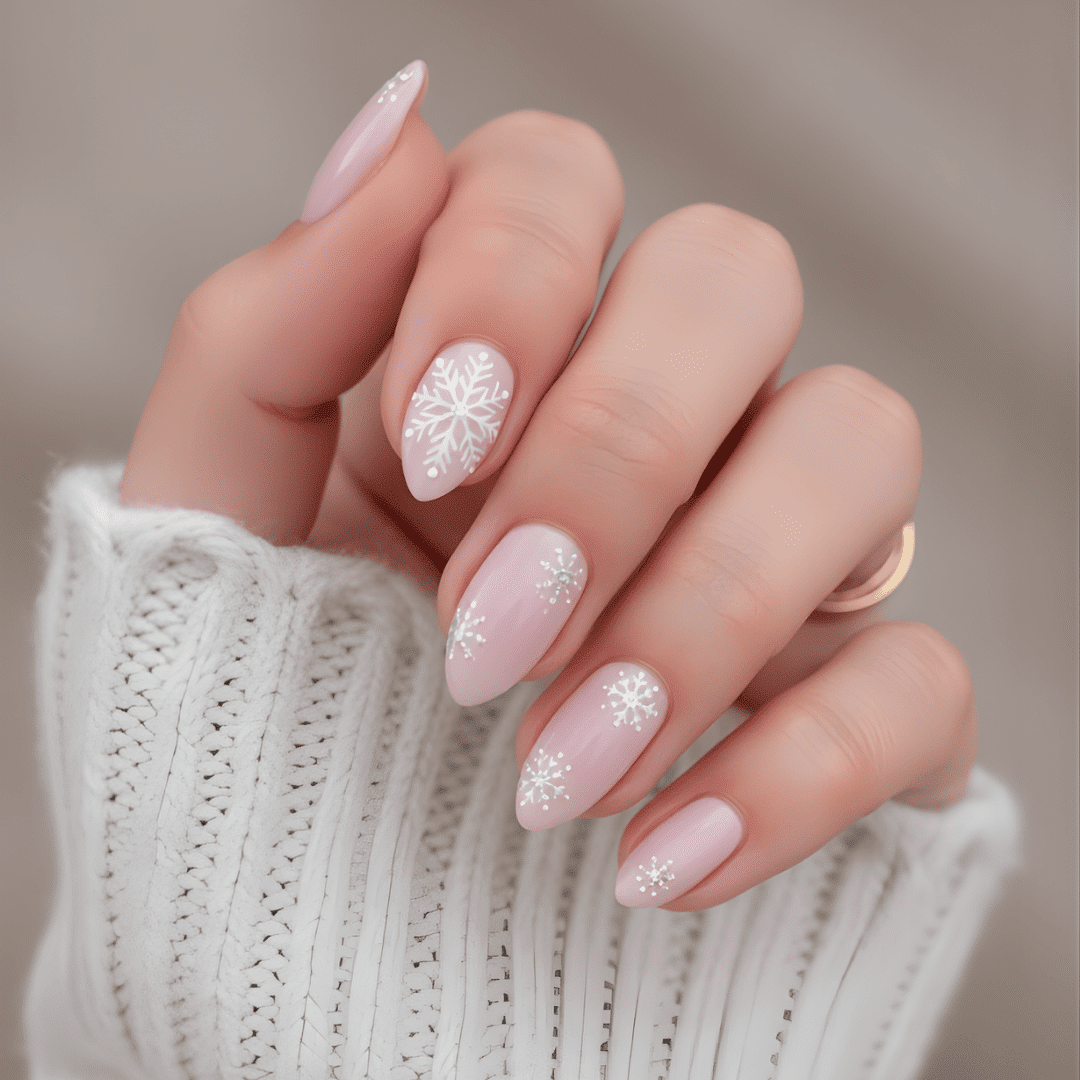 Pale Pink with White Snowflake Art Medium Almond Nails Pale Pink with White Snowflake Art Medium Almond Nails — Winter Nail Colors for Pale Skin