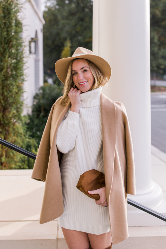 Turtleneck Sweater Dress with Draped Camel Coat and Wide-Brimmed Hat — Boho Winter Outfits