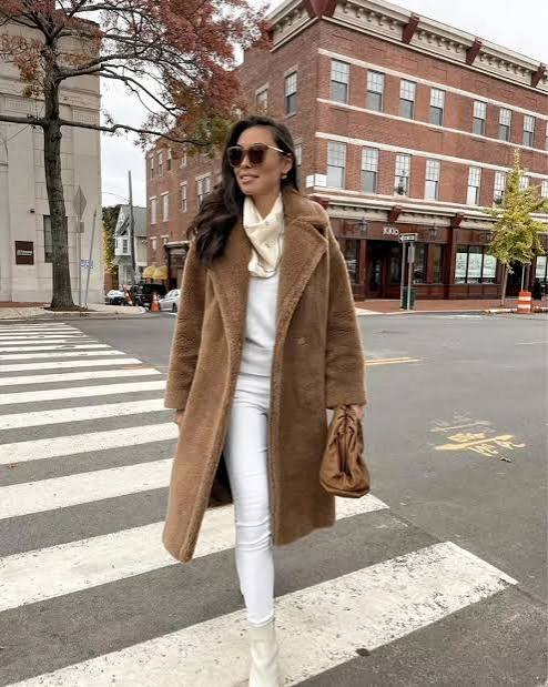 Effortless Daytime: Long Brown Teddy Coat with White Trousers — Teddy Coat Outfits