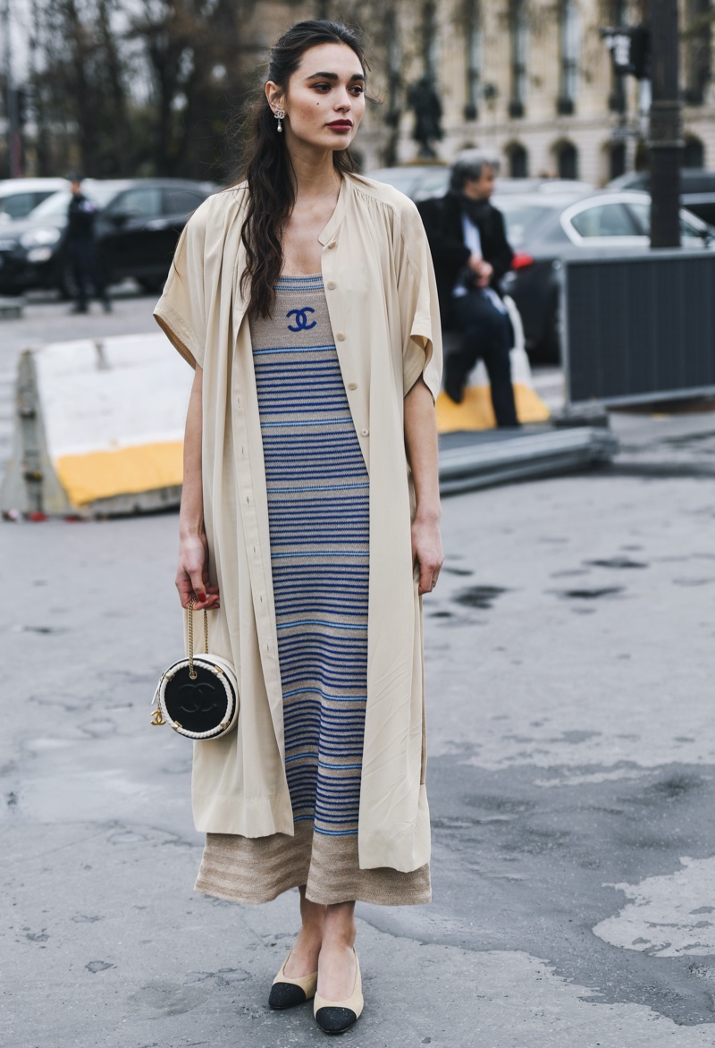 Long Beige Cardigan Over Striped Midi Dress and Two-Tone Flats — Cardigan Outfits