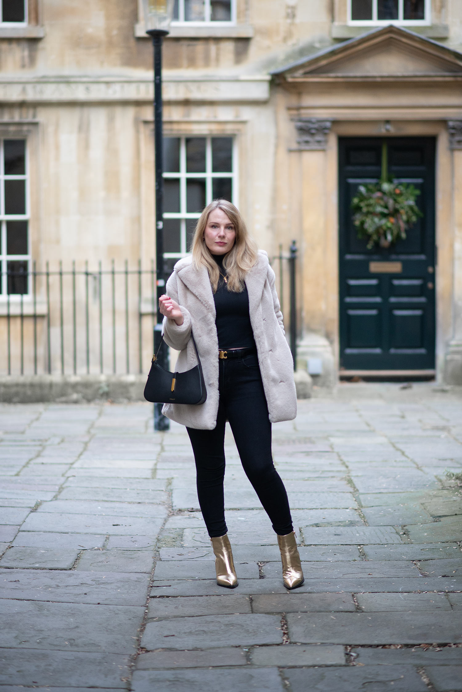 Cream Faux Fur Coat with Metallic Gold Boots — Faux Fur Coat Outfits