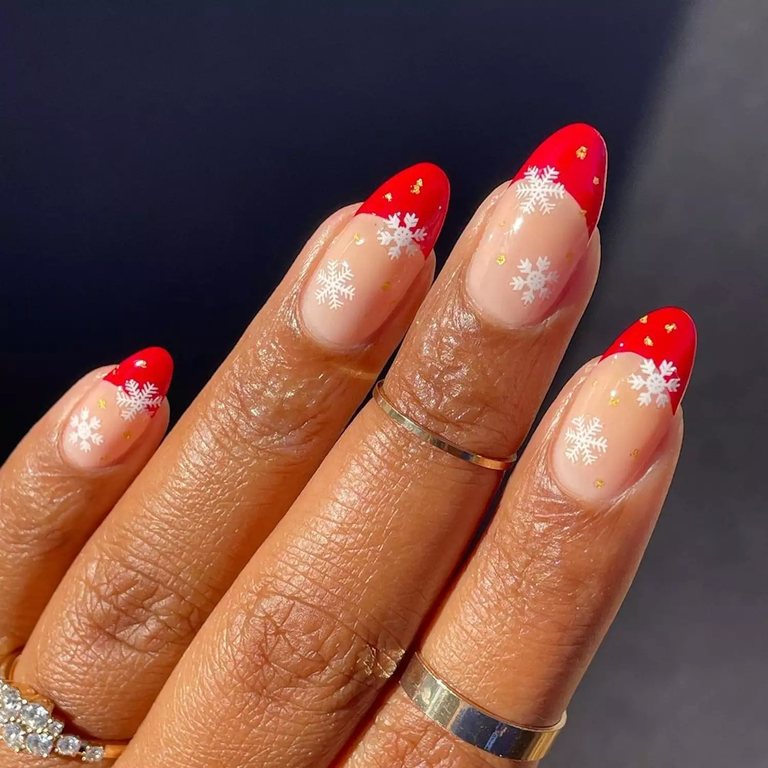 Red French Tips with Snowflakes and Gold Flakes Red French Tips with Snowflakes and Gold Flakes — Winter Gel Nails