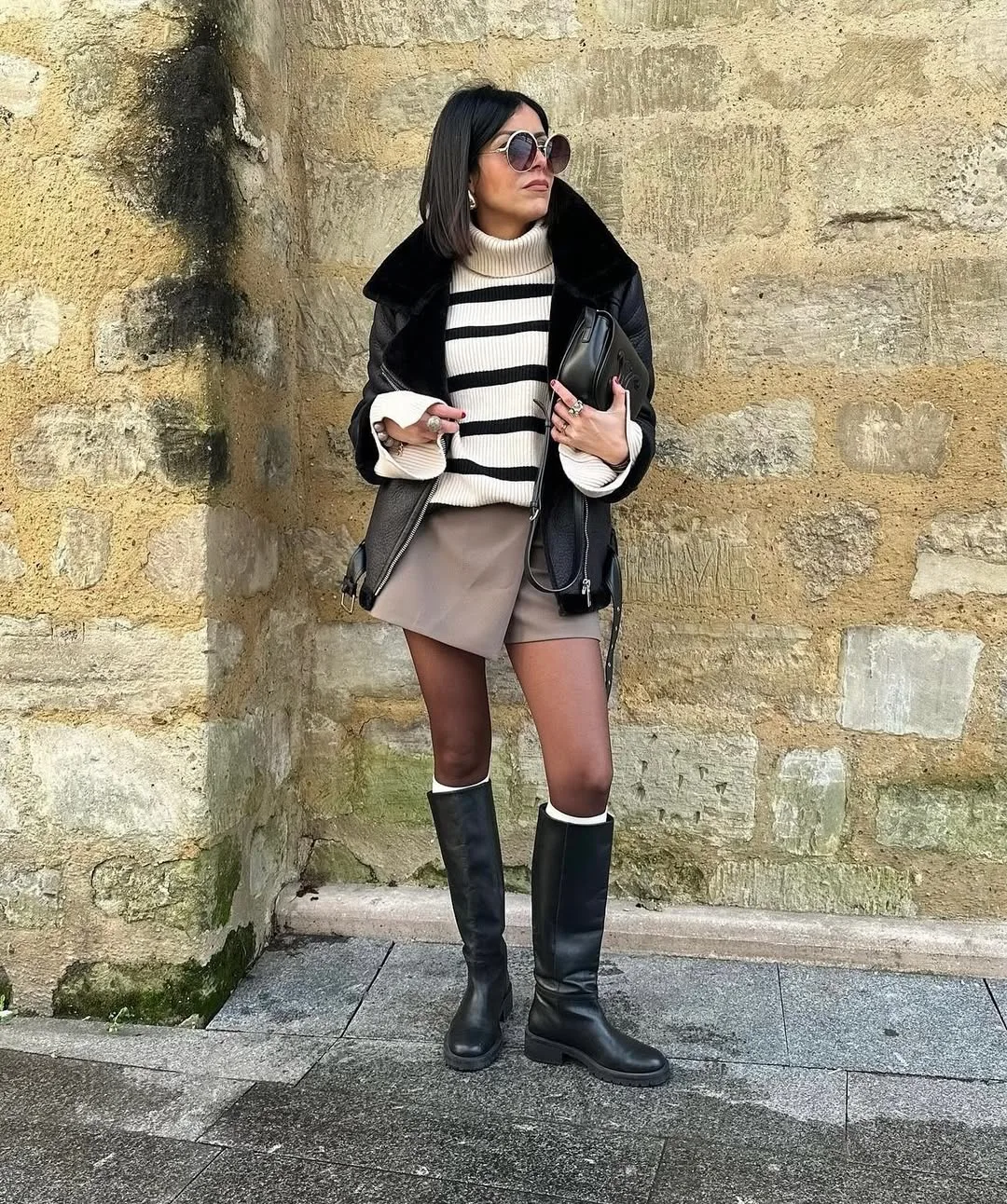 Faux Fur Lined Jacket Over Turtleneck and Shorts — Winter to Spring Transition Outfits