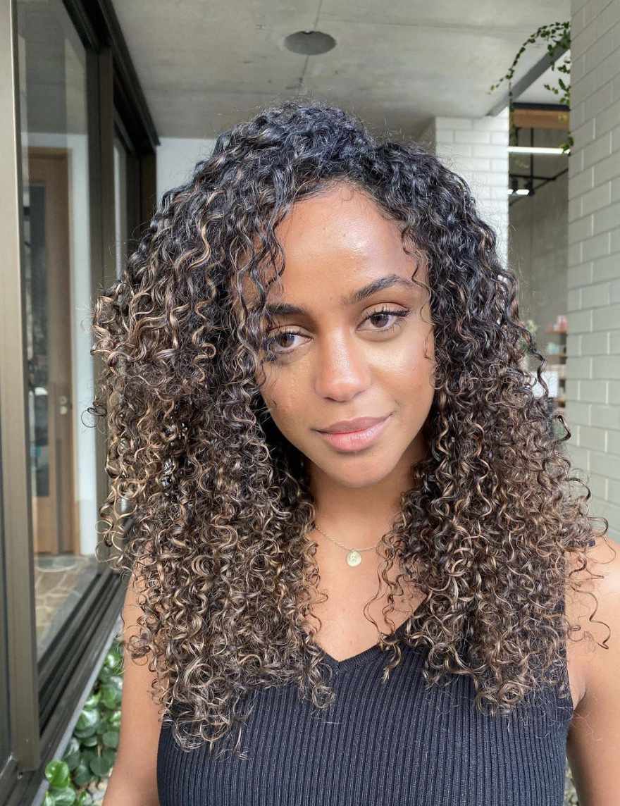 Collarbone Dark Brown With Warm Caramel Highlights — Winter Hair Colors for Curly Hair