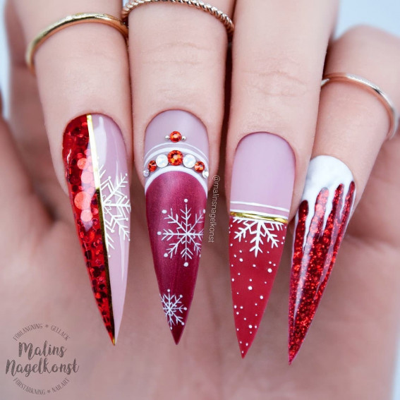 Matte Pink Stiletto With Festive Accents Matte Pink Stiletto With Festive Accents — Winter Stiletto Nails