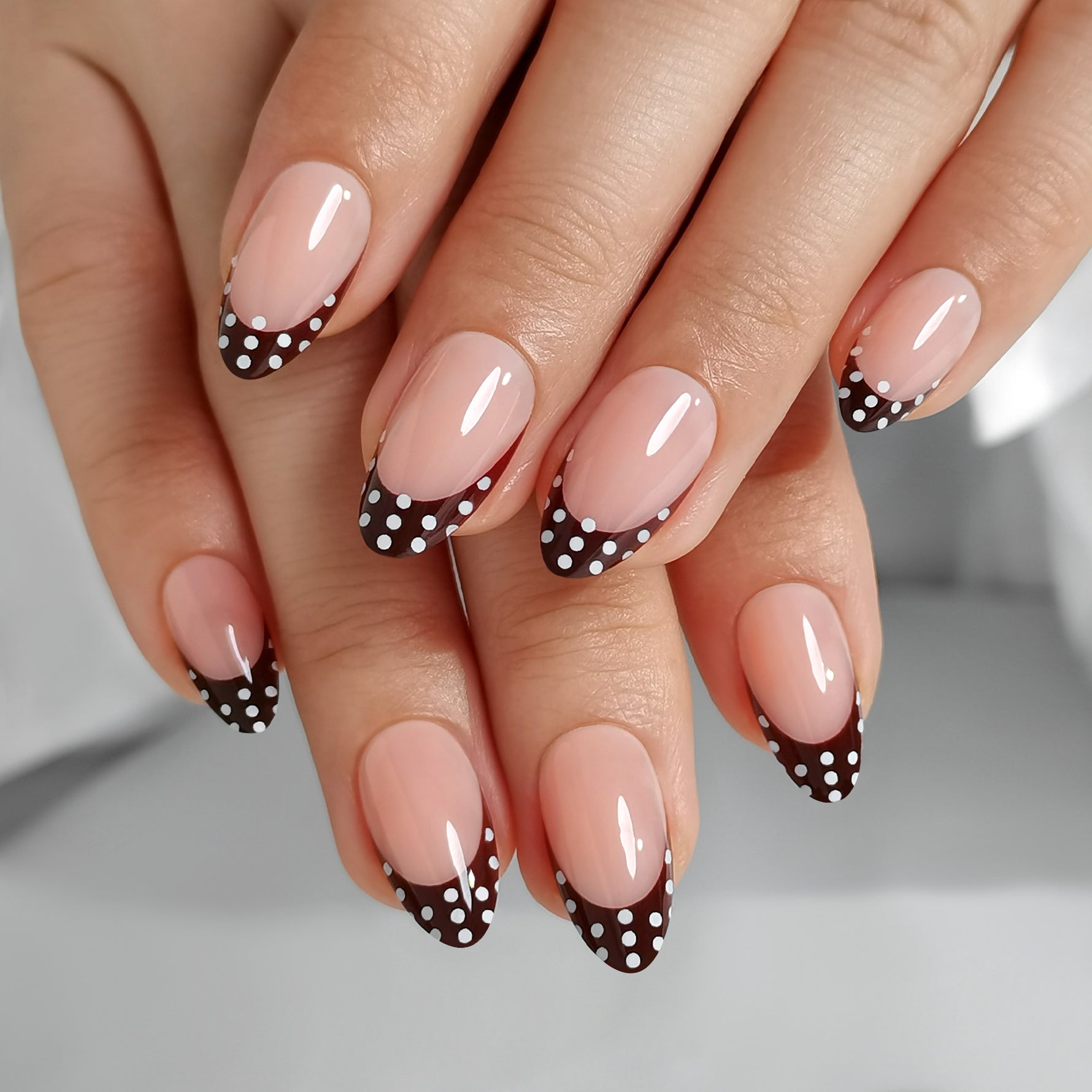 Neutral Elegant Sheer Pink Polka Dot French Tip Almond Nails Neutral Elegant Sheer Pink Polka Dot French Tip Almond Nails — Winter Almond Nails