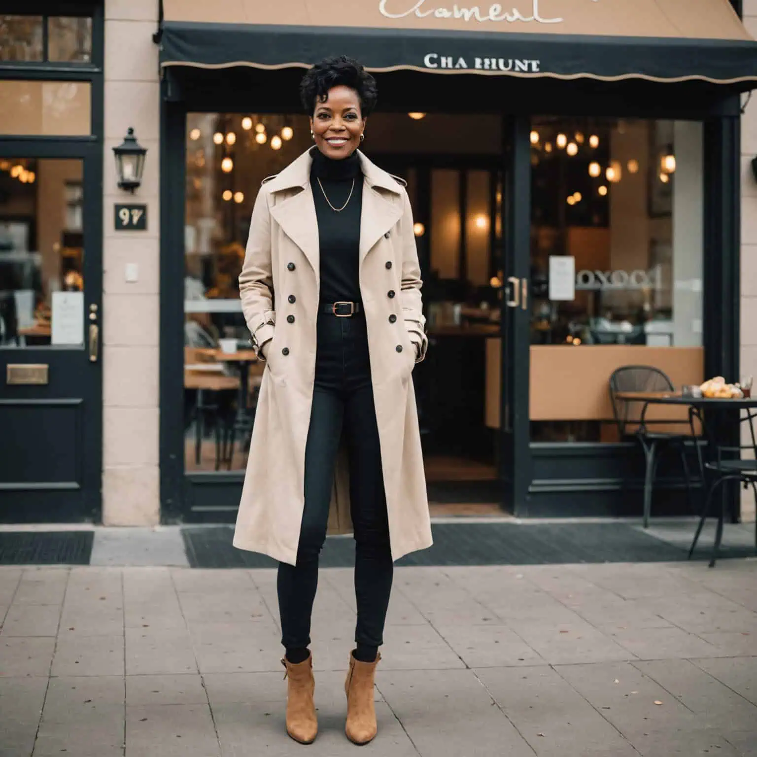 Classic Ensemble: Beige Trench Coat with Black Turtleneck — Minimalist Winter Outfits