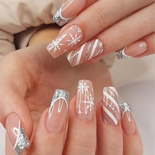 Black Snowflake Nude Glitter Contrast Medium Square Nails Black Snowflake Nude Glitter Contrast Medium Square Nails — Winter Square Nails