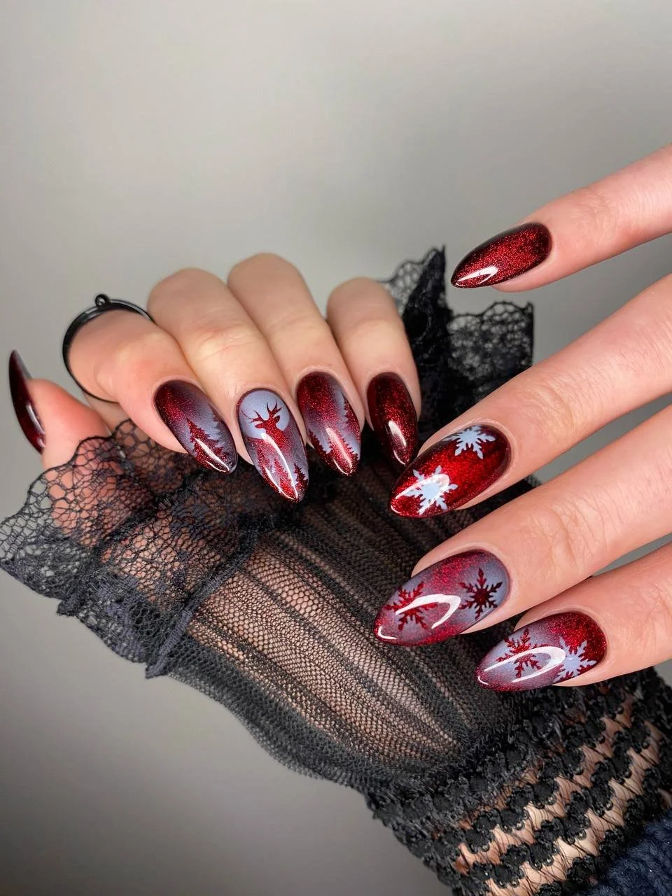 Deep Red Stiletto With Forest Scene Deep Red Stiletto With Forest Scene — Winter Stiletto Nails
