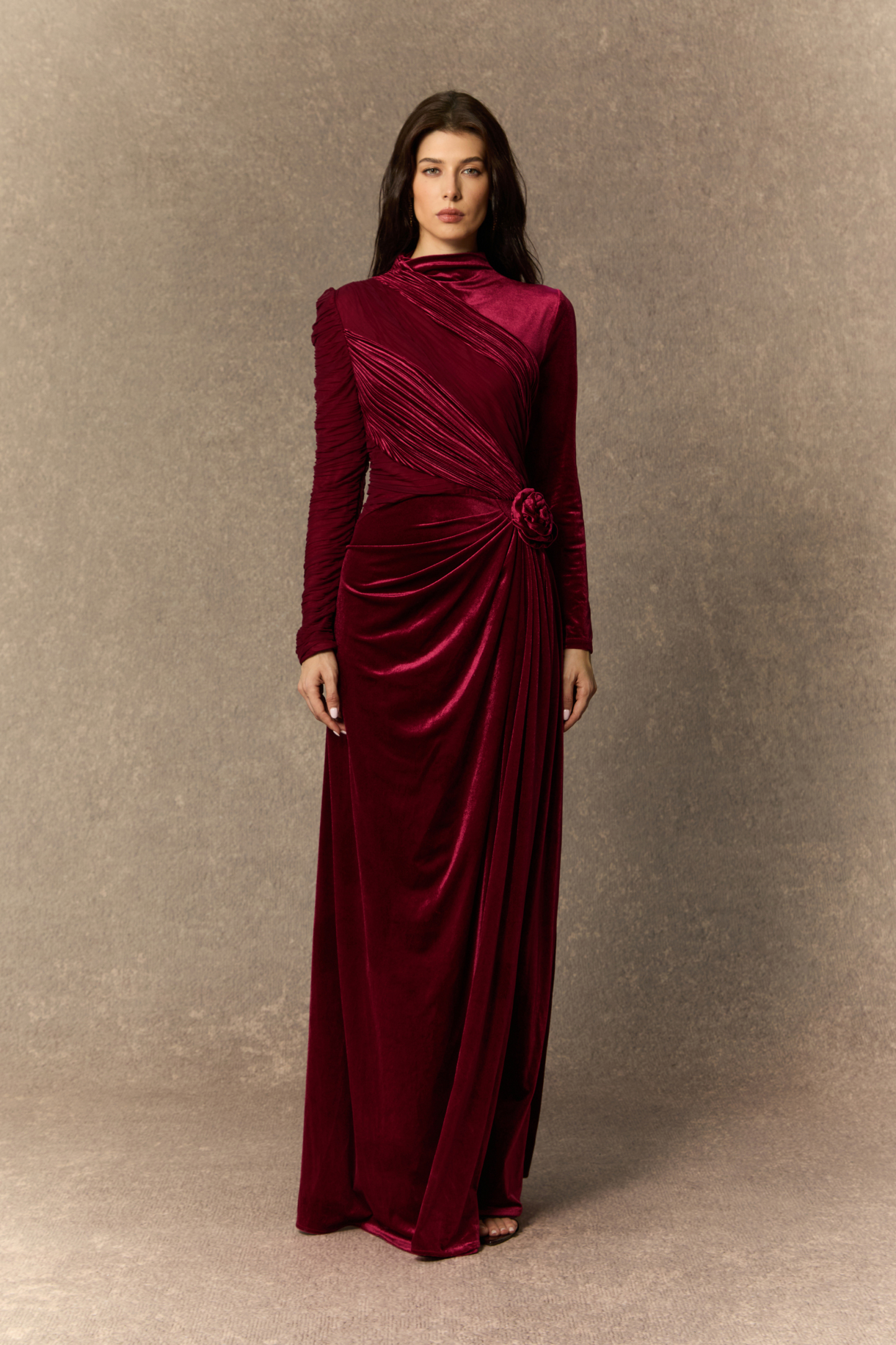 Deep Red Velvet Gown with Ruching and Flower Brooch Deep Red Velvet Gown with Ruching and Flower Brooch — Winter Formal Dresses