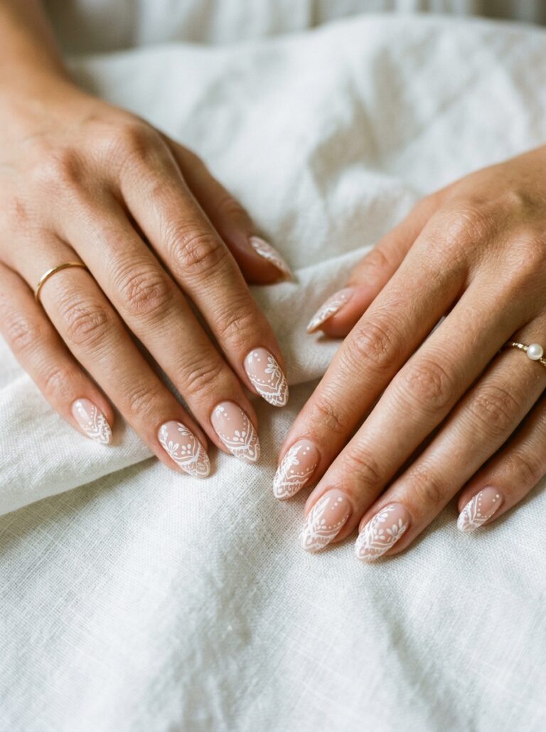 Painted Sheer Nude Lace Almonds Painted Sheer Nude Lace Almonds — Lace Nails