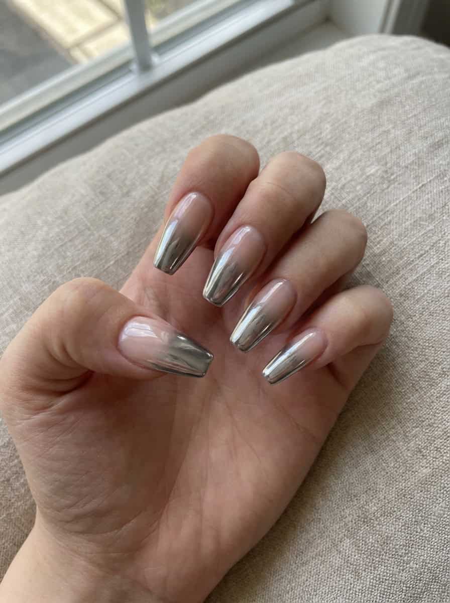 Medium Stiletto Chrome Accents with Rhinestones Medium Stiletto Chrome Accents with Rhinestones — Silver Chrome Nails
