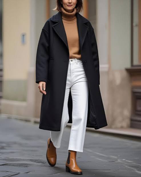 Casual Daytime: Black Coat with Tan Sweater and White Jeans — Black Coat Outfits