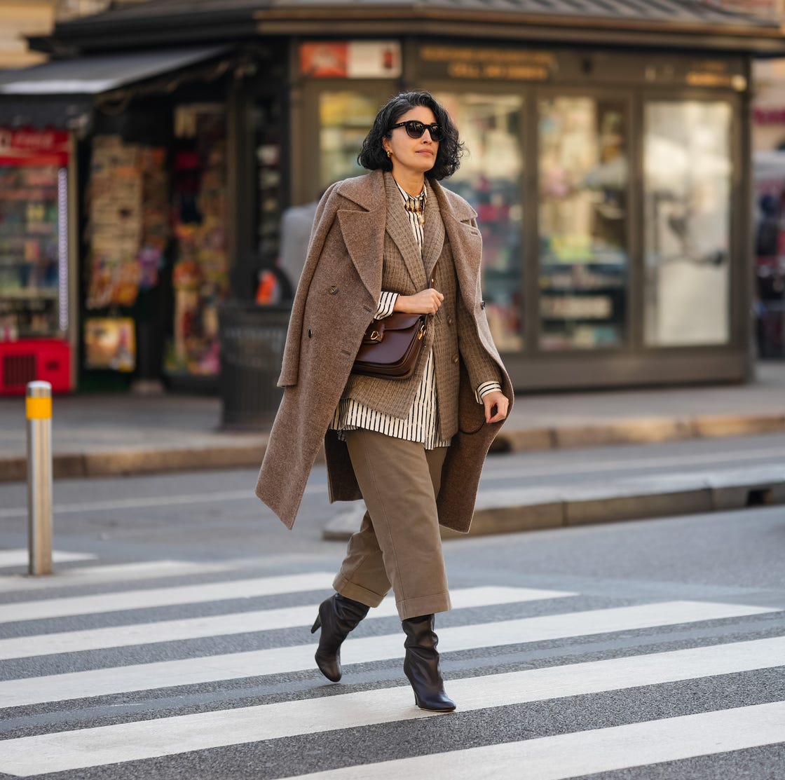 Textured Brown Coat with Striped Shirt and Olive Trousers for Fall Workwear Textured Brown Coat with Striped Shirt and Olive Trousers for Fall Workwear — Fall to Winter Outfits