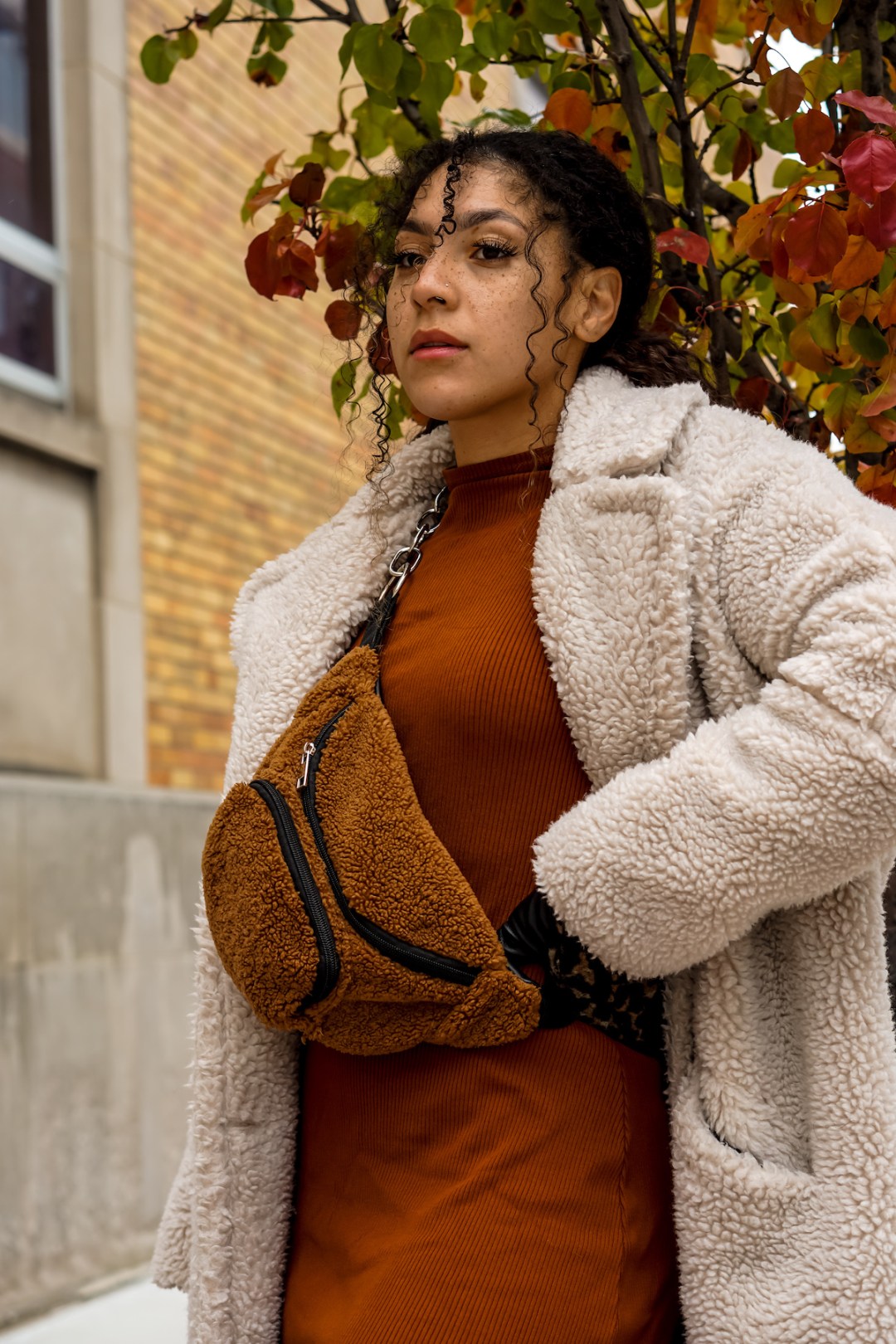 Textural Mix: Cream Teddy Coat with Ribbed Dress — Teddy Coat Outfits