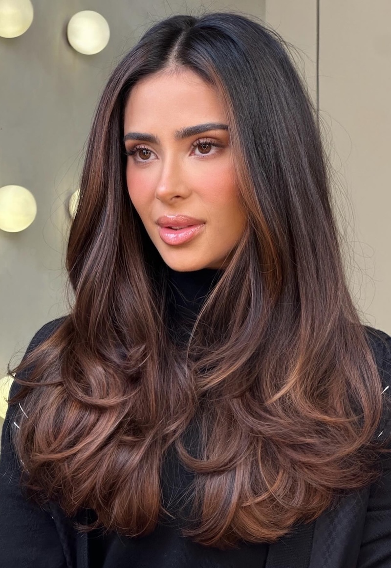 Mid-Back Caramel Highlight Blowout — Dark Chocolate Brown Hair