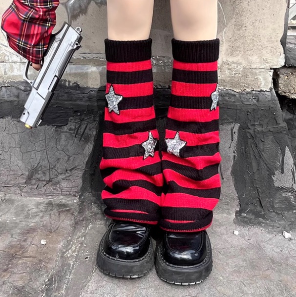 Red and Black Striped Leg Warmers with Star Appliques Red and Black Striped Leg Warmers with Star Appliques — Leg Warmers Outfits