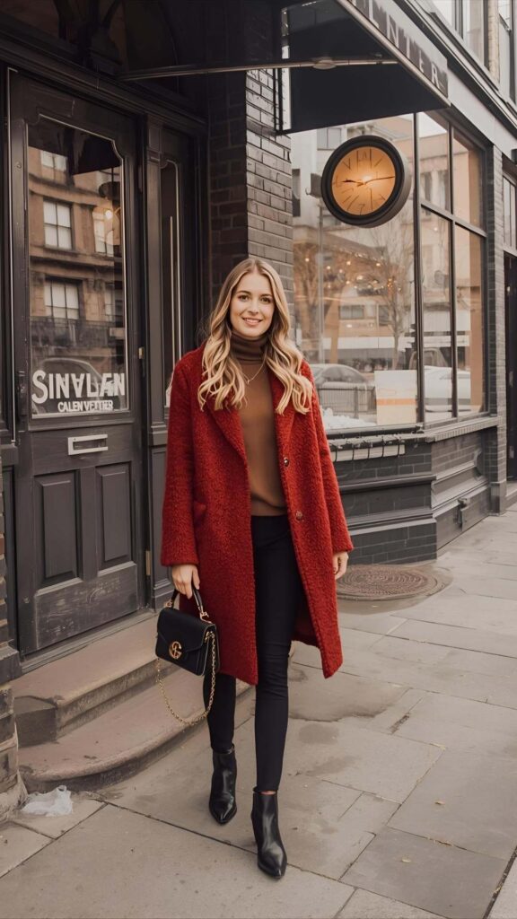 Red Teddy Coat Over Turtleneck and Jeans for a Cozy Dinner — Winter Dinner Outfits