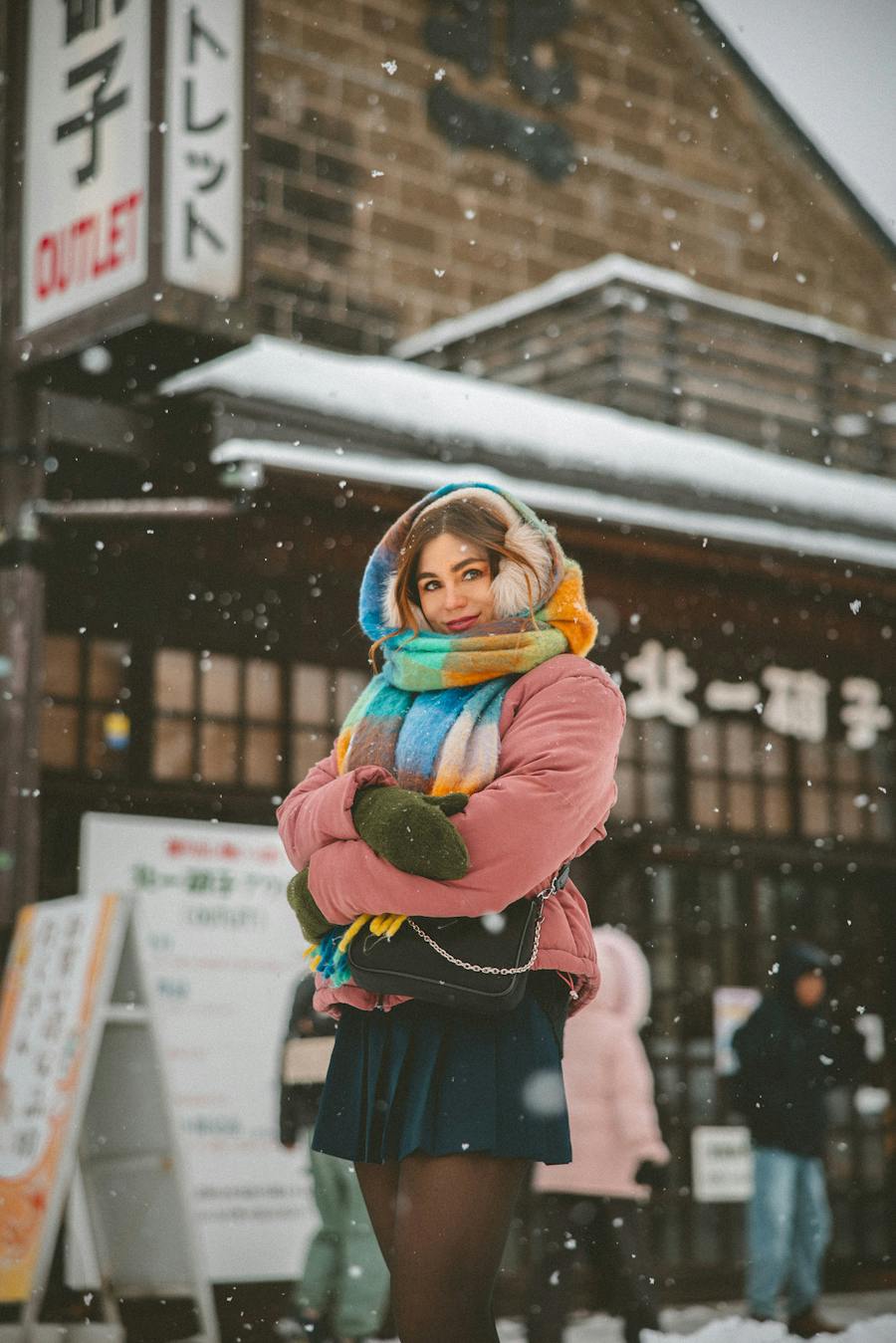 Pink Puffer Jacket with Plaid Scarf and Green Mittens — Japan Winter Outfits