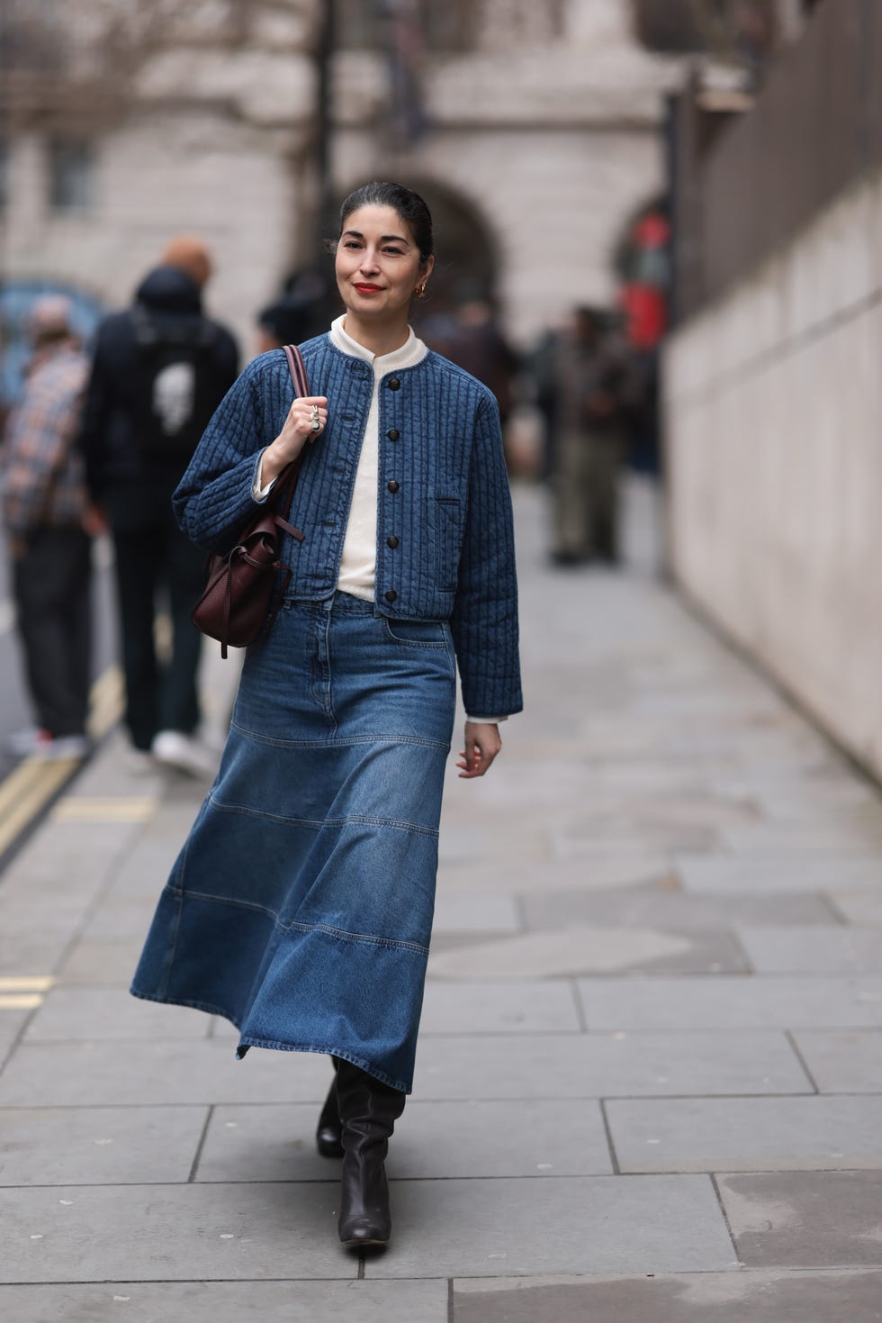 Quilted Denim Jacket with Turtleneck and Midi Skirt — Winter to Spring Transition Outfits