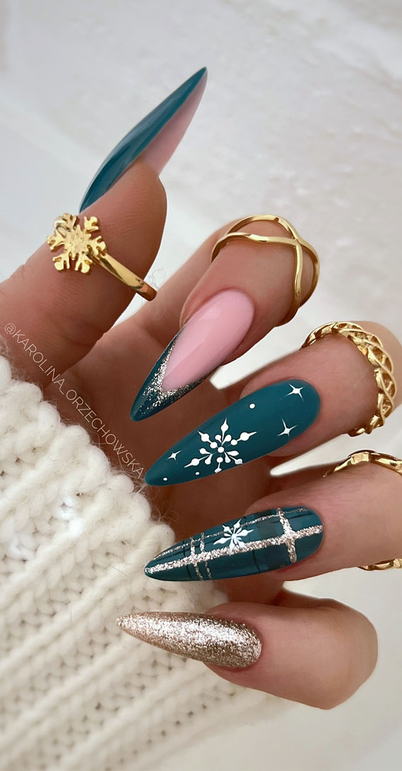 Teal And Pink Stiletto With Snowflake And Plaid Teal And Pink Stiletto With Snowflake And Plaid — Winter Stiletto Nails