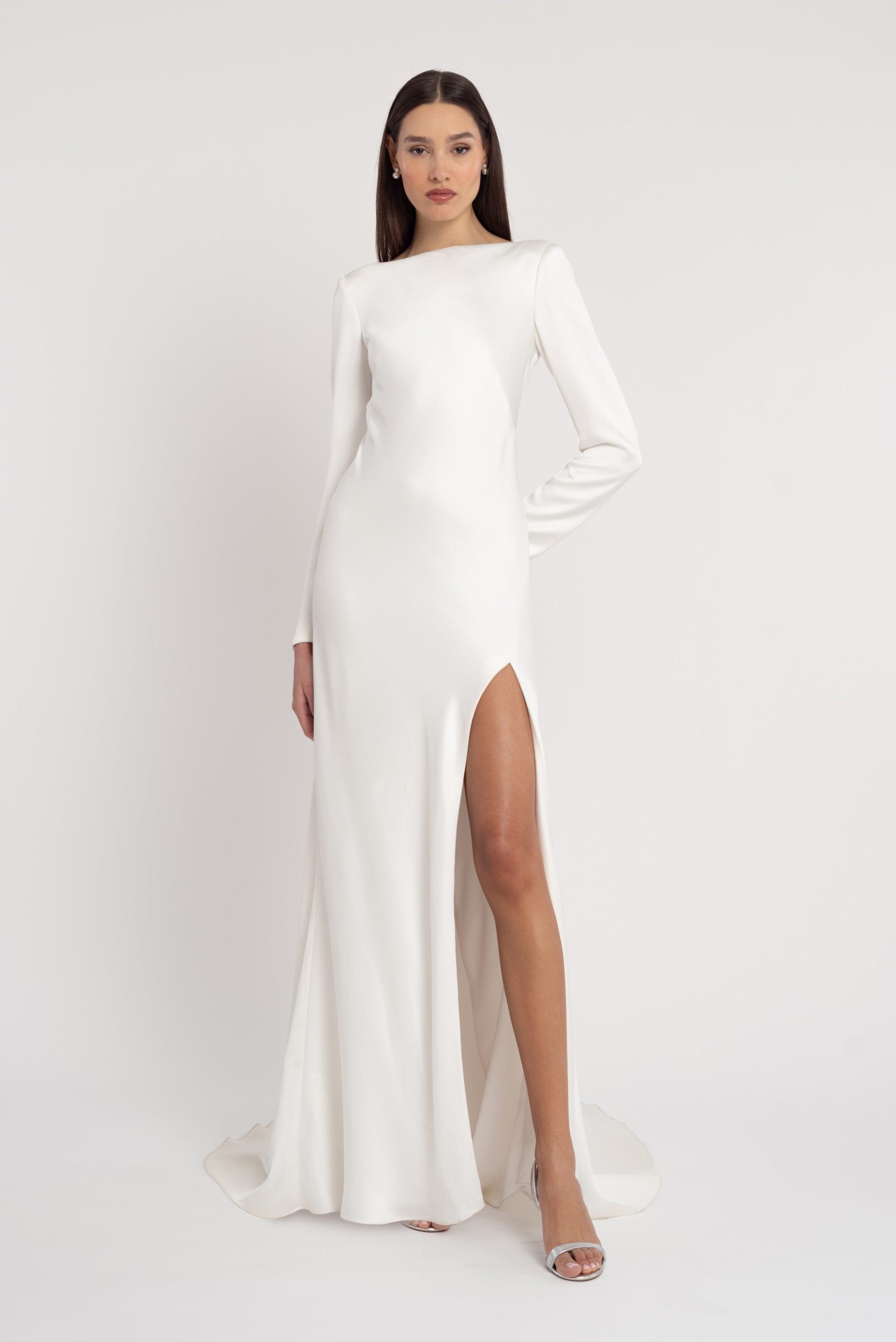 Ivory Satin Long-Sleeve Dress with Dramatic High Slit Ivory Satin Long-Sleeve Dress with Dramatic High Slit — Winter Formal Dresses
