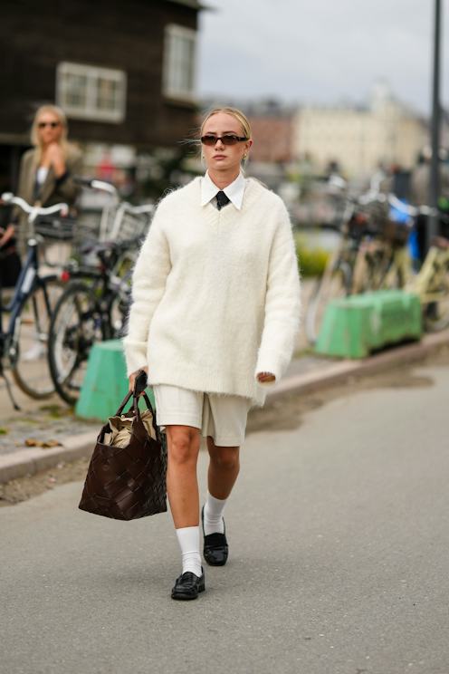 Fuzzy V-Neck Oversized Sweater Over a Collared Shirt with Shorts — Oversized Sweater Outfits