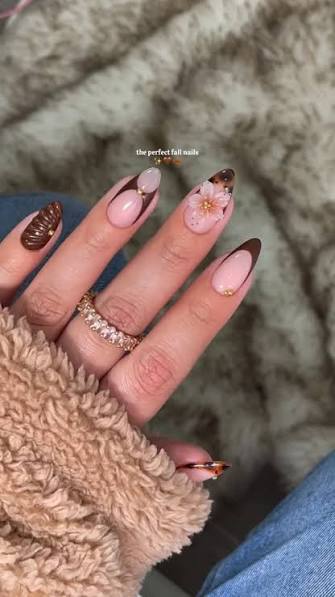 Sheer Pink Almond with Brown Art and 3D Floral — trendy almond nail designs