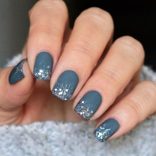 Matte Blue-Gray with Glitter Frost Tips Matte Blue-Gray with Glitter Frost Tips — Winter Gray Nails