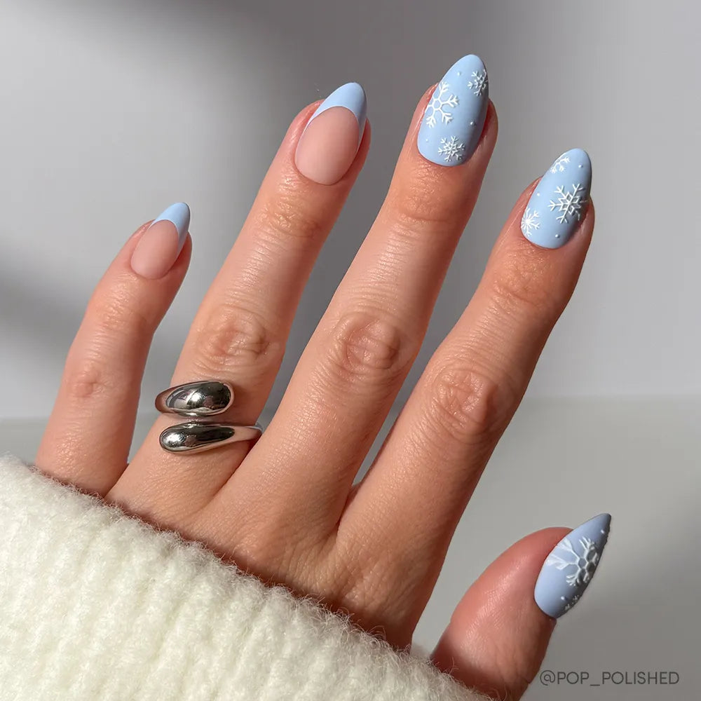 Matte Blue Snowflakes on Nude French Matte Blue Snowflakes on Nude French — Short Winter Acrylic Nails