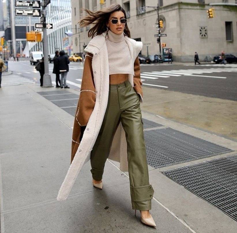 Fashion-Forward Outing: Olive Leather Pants with a Long Vest — Leather Pants Outfits