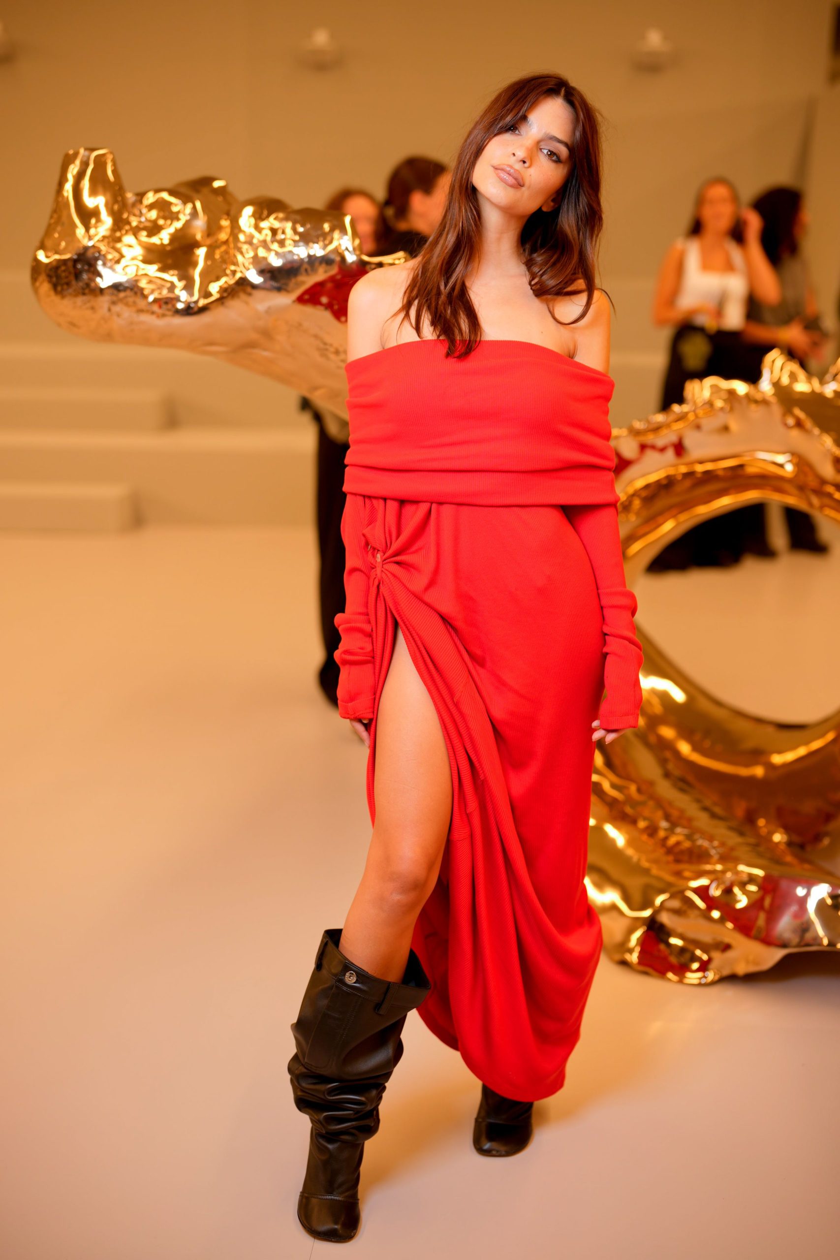Elegant Red Dress and Black Slouchy Boots for an Event Elegant Red Dress and Black Slouchy Boots for an Event — Slouchy Boots Outfits