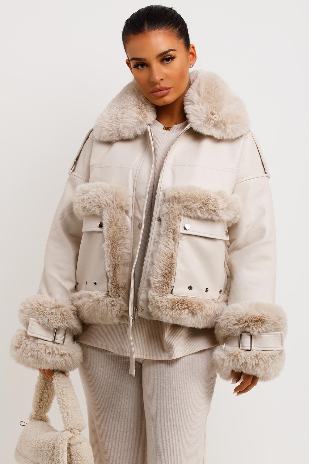 Luxurious Faux Leather Jacket with Matching Knit Set — Shearling Coat Outfits