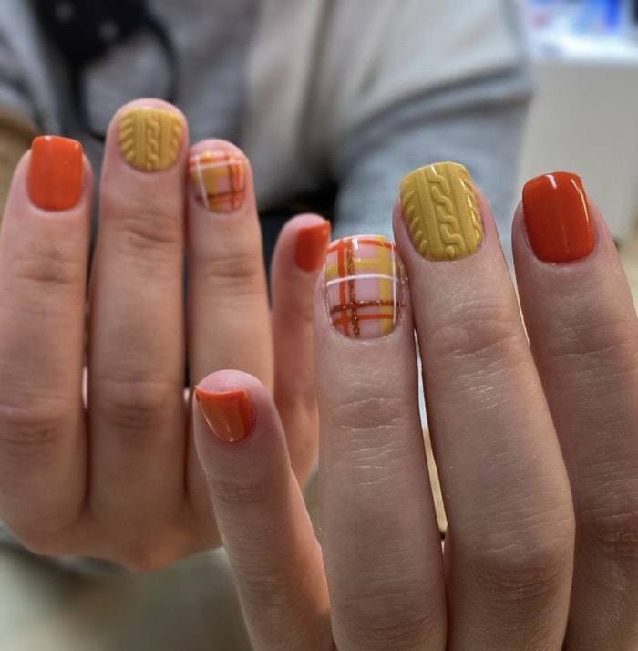 Orange Yellow Plaid and Cable Knit Nails Orange Yellow Plaid and Cable Knit Nails — Sweater Nails