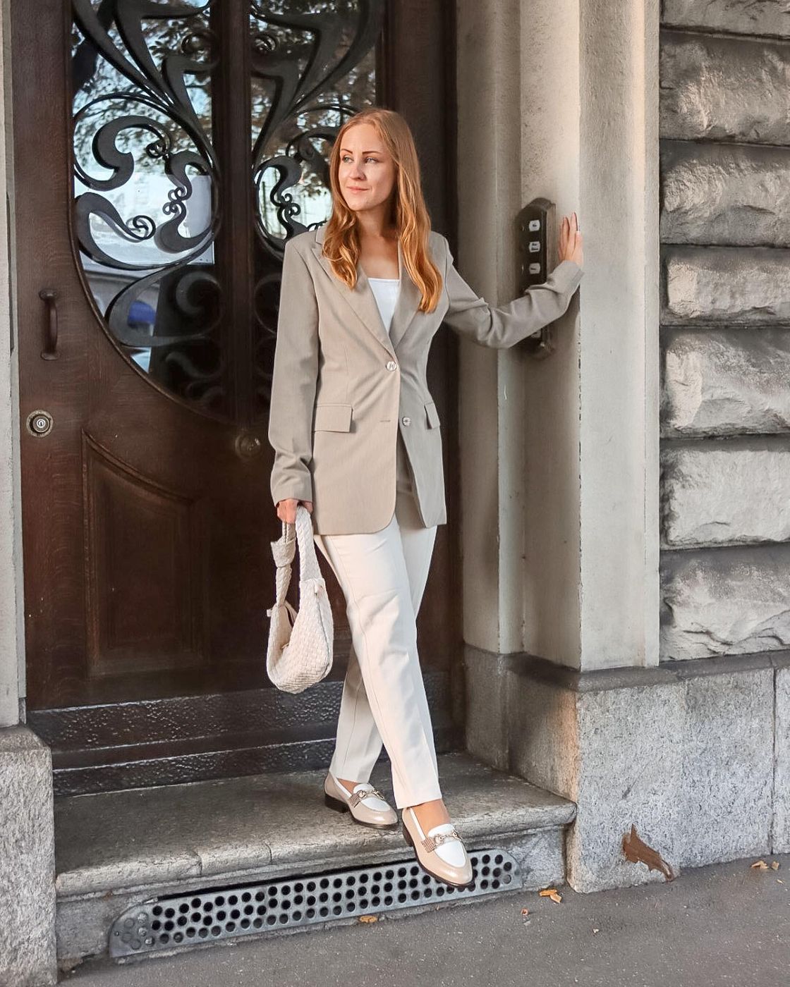 Beige Blazer Suit with Two-Tone Loafers Beige Blazer Suit with Two-Tone Loafers — Winter Teacher Outfits